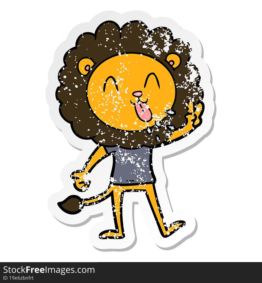 distressed sticker of a happy cartoon lion