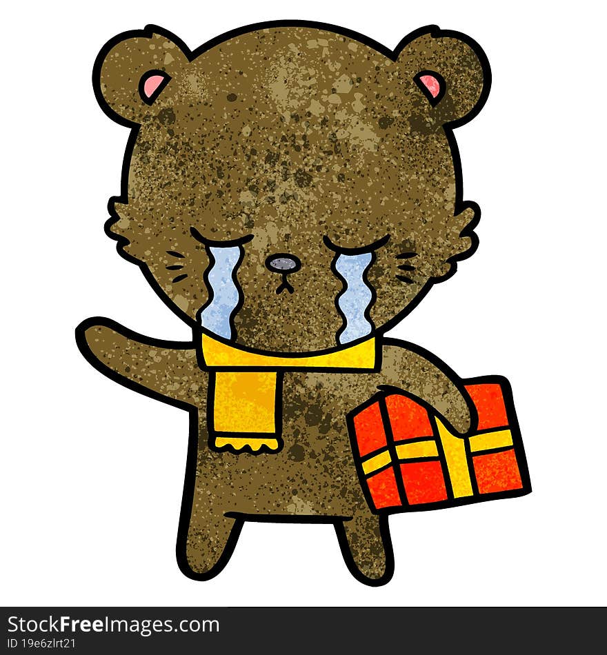 crying cartoon bear with present. crying cartoon bear with present