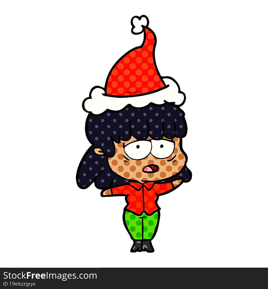 hand drawn comic book style illustration of a tired woman wearing santa hat