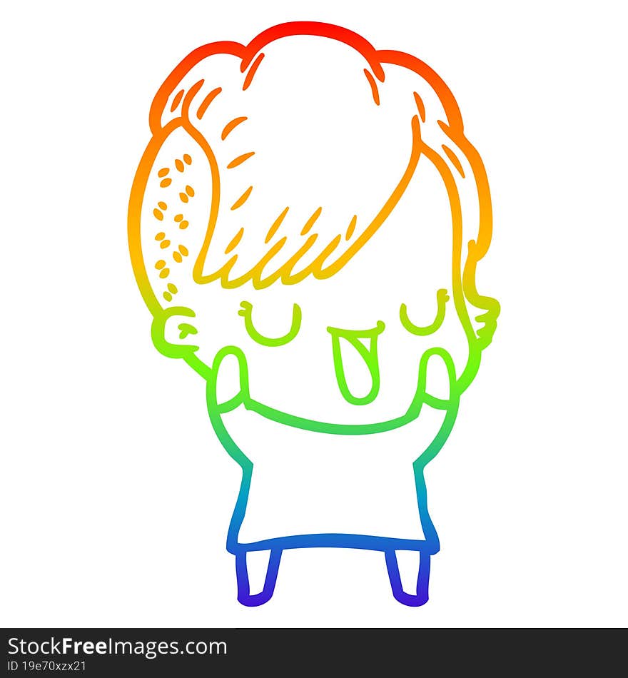 rainbow gradient line drawing of a cute cartoon girl with hipster haircut