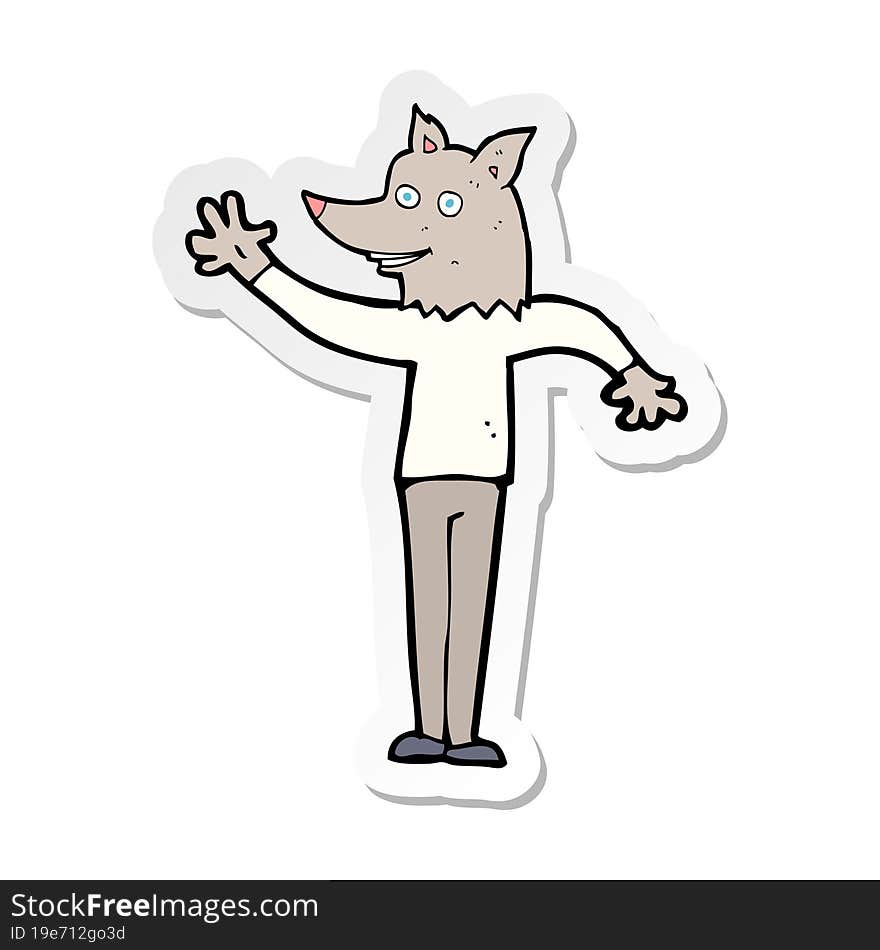 sticker of a cartoon waving wolf man