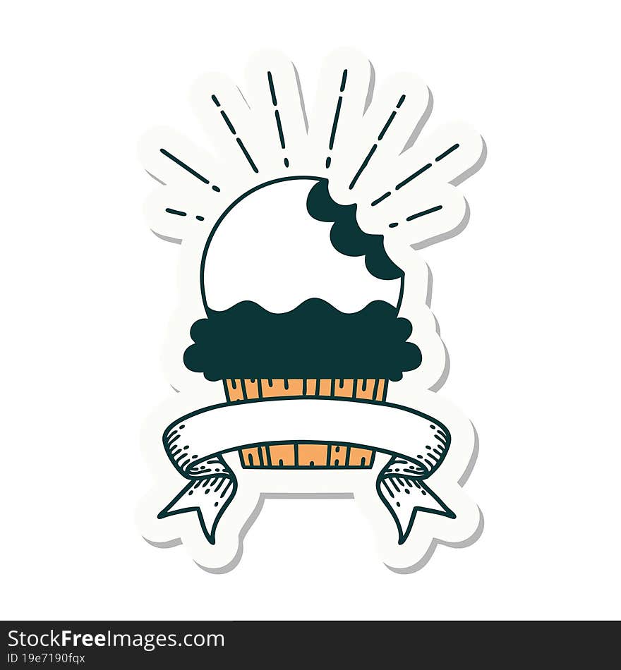 sticker of a tattoo style cupcake with missing bite