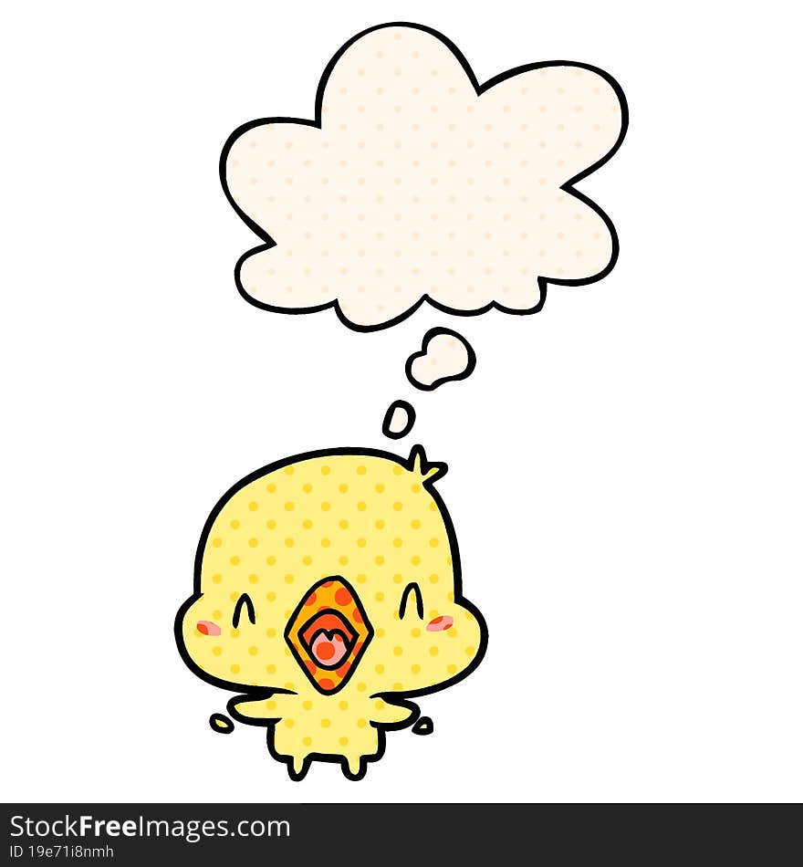 cartoon happy bird with thought bubble in comic book style