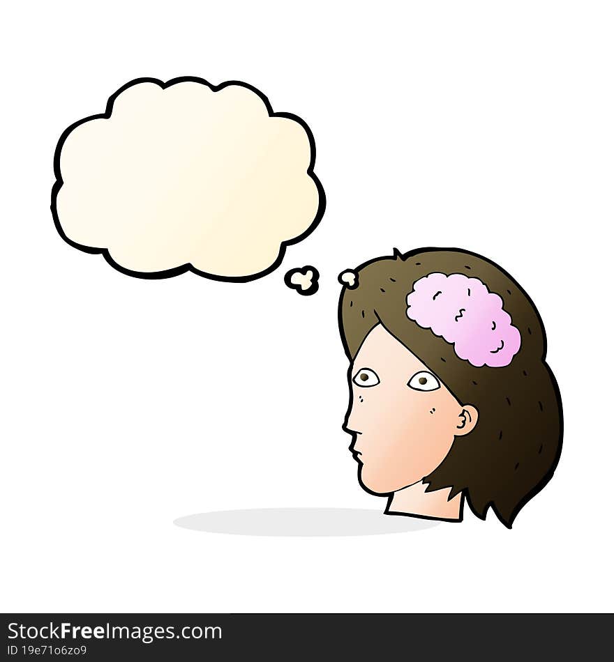 cartoon female head with brain symbol with thought bubble