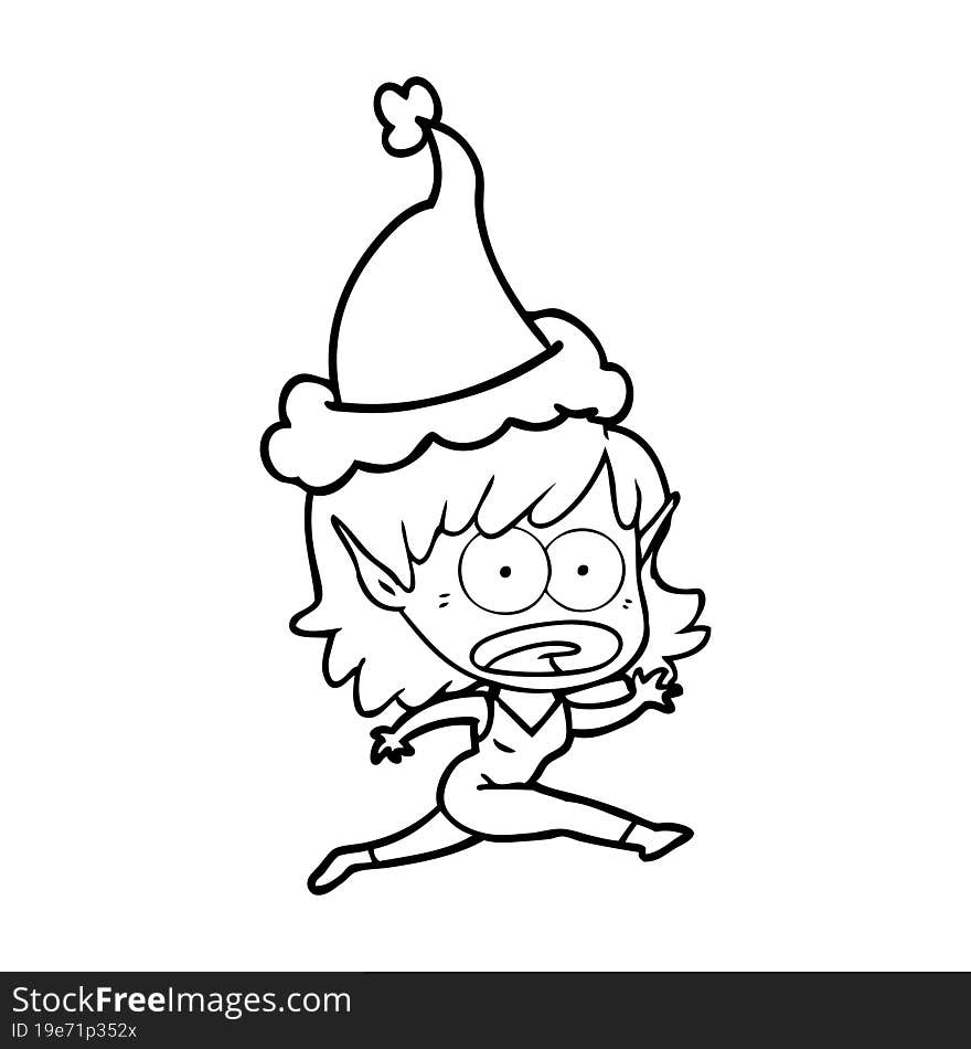 line drawing of a shocked elf girl wearing santa hat