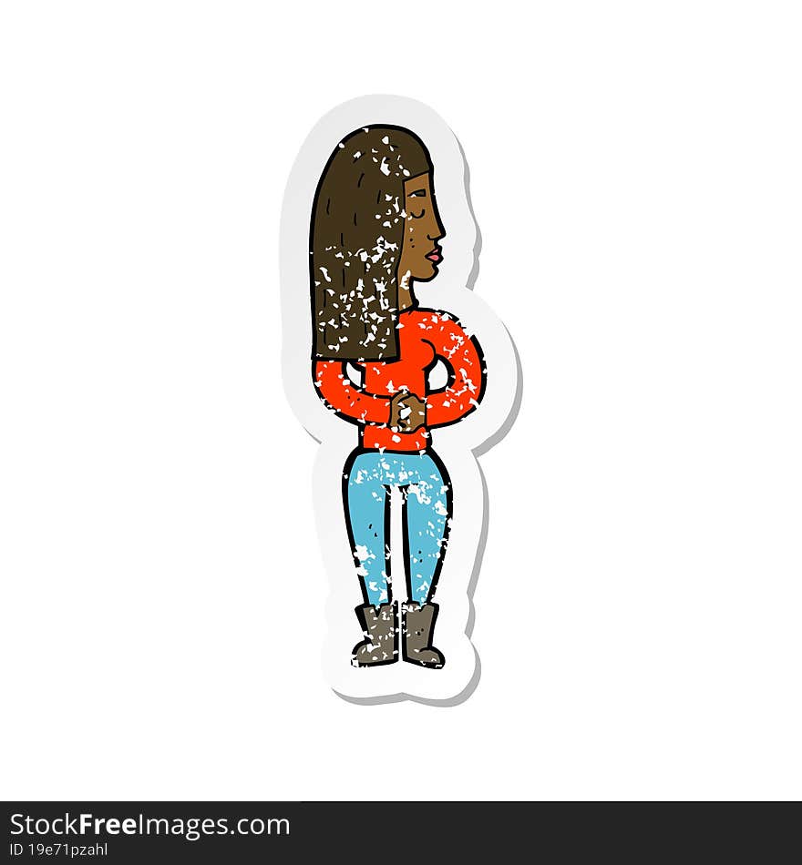 retro distressed sticker of a cartoon woman ignoring