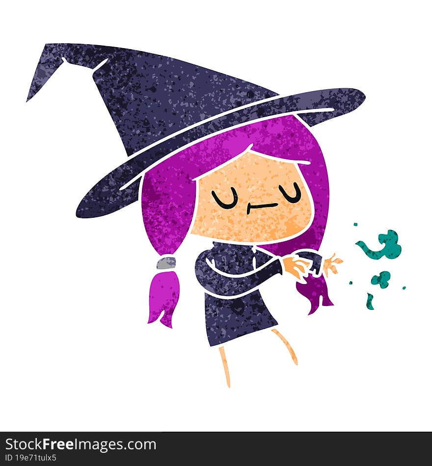 freehand drawn retro cartoon of cute kawaii witch