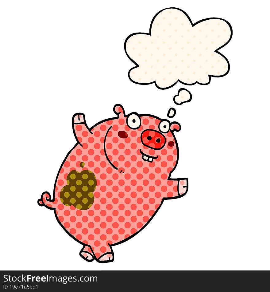 funny cartoon pig and thought bubble in comic book style