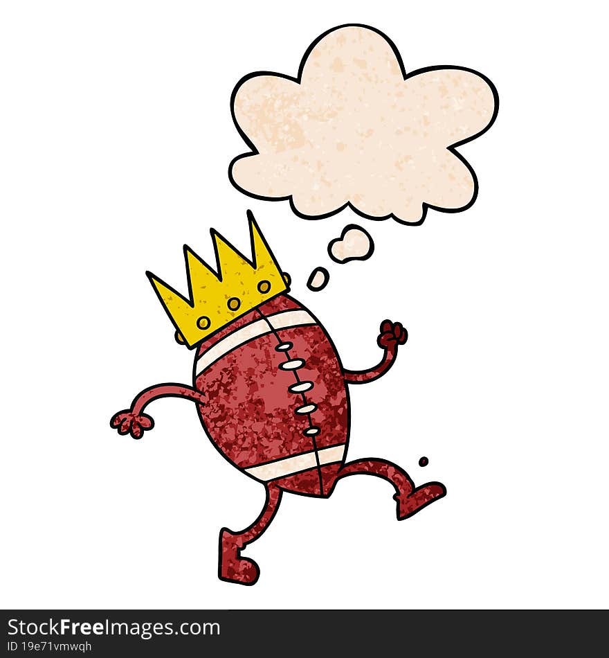 Football With Crown Cartoon  And Thought Bubble In Grunge Texture Pattern Style