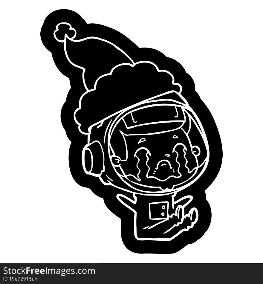 quirky cartoon icon of a crying astronaut wearing santa hat