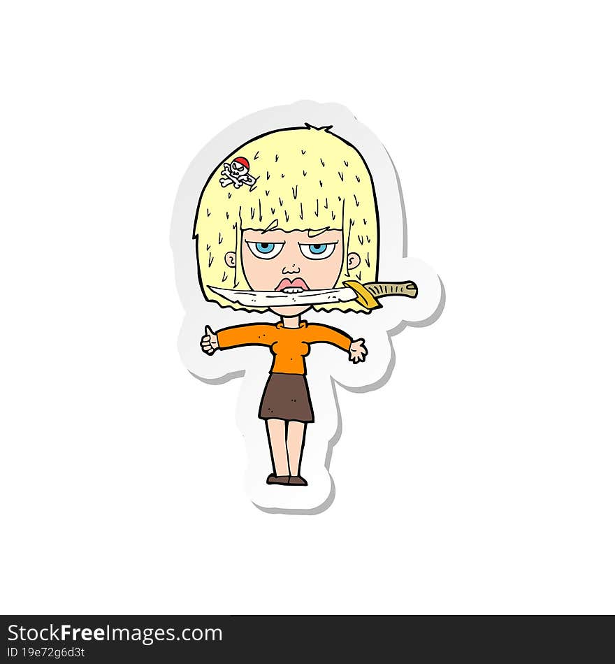 sticker of a cartoon woman with knife between teeth