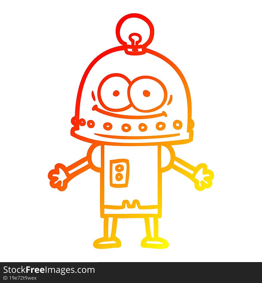 warm gradient line drawing of a happy carton robot with light bulb