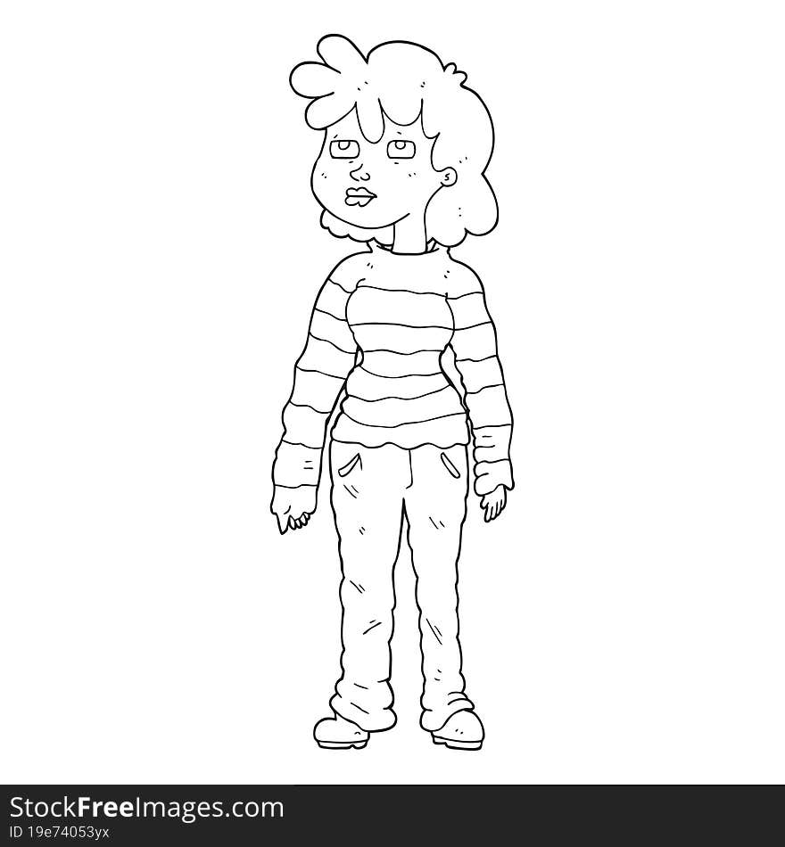 black and white cartoon woman in casual clothes