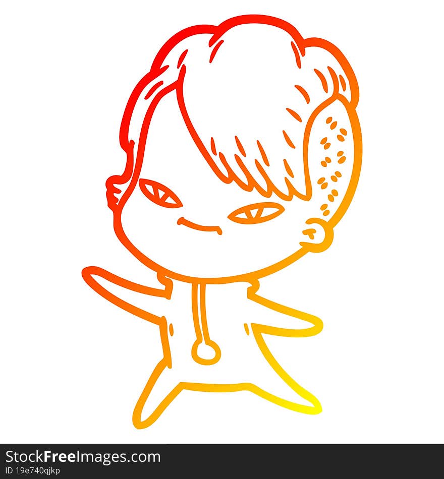 Warm Gradient Line Drawing Cute Cartoon Girl With Hipster Haircut