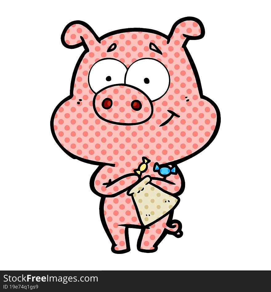 happy cartoon pig with candy. happy cartoon pig with candy