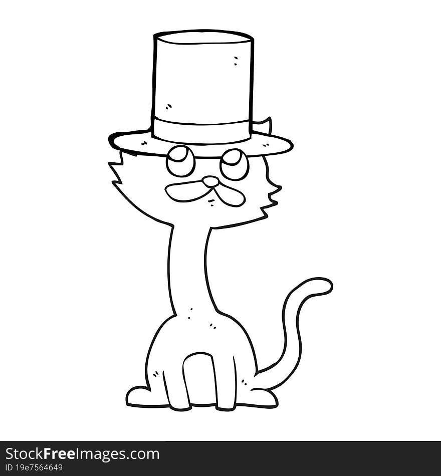 freehand drawn black and white cartoon cat in top hat