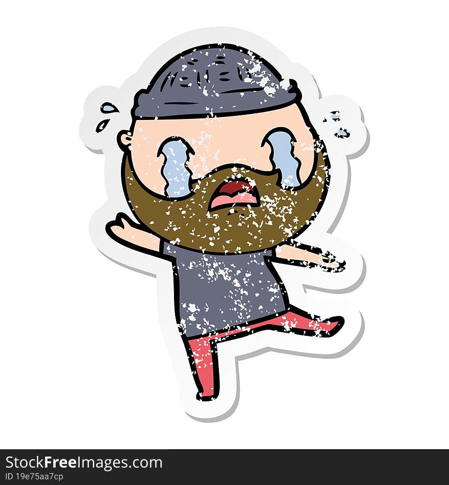 distressed sticker of a cartoon bearded man crying