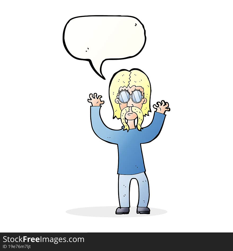 cartoon hippie man waving arms with speech bubble