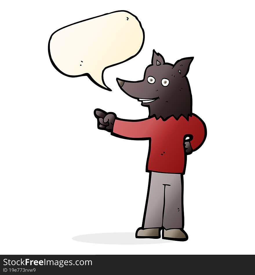 Cartoon Wolf Man Pointing With Speech Bubble