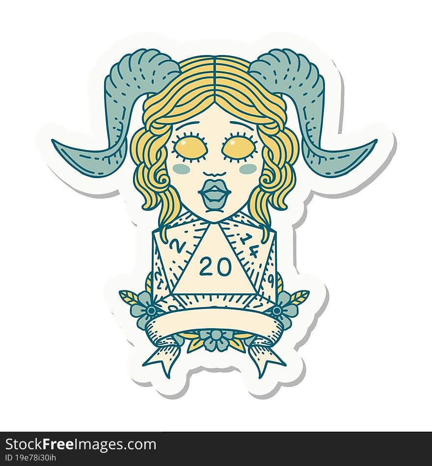 sticker of a tiefling with natural 20 D20 roll. sticker of a tiefling with natural 20 D20 roll