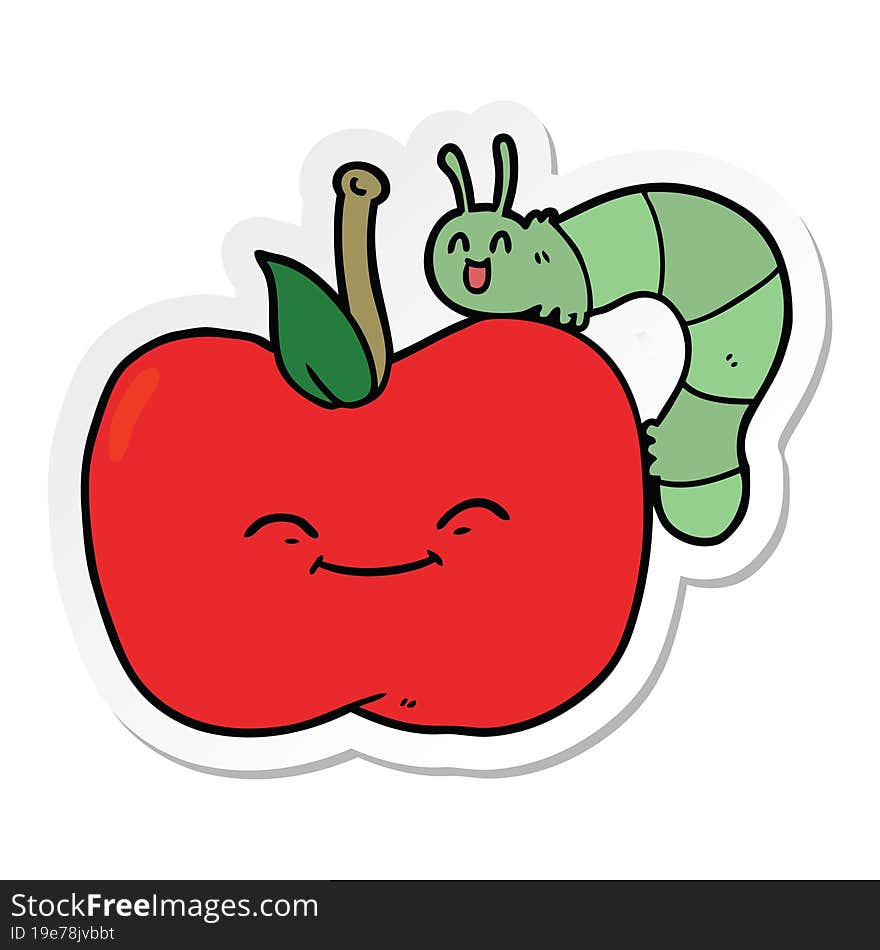 Sticker Of A Cartoon Apple And Bug