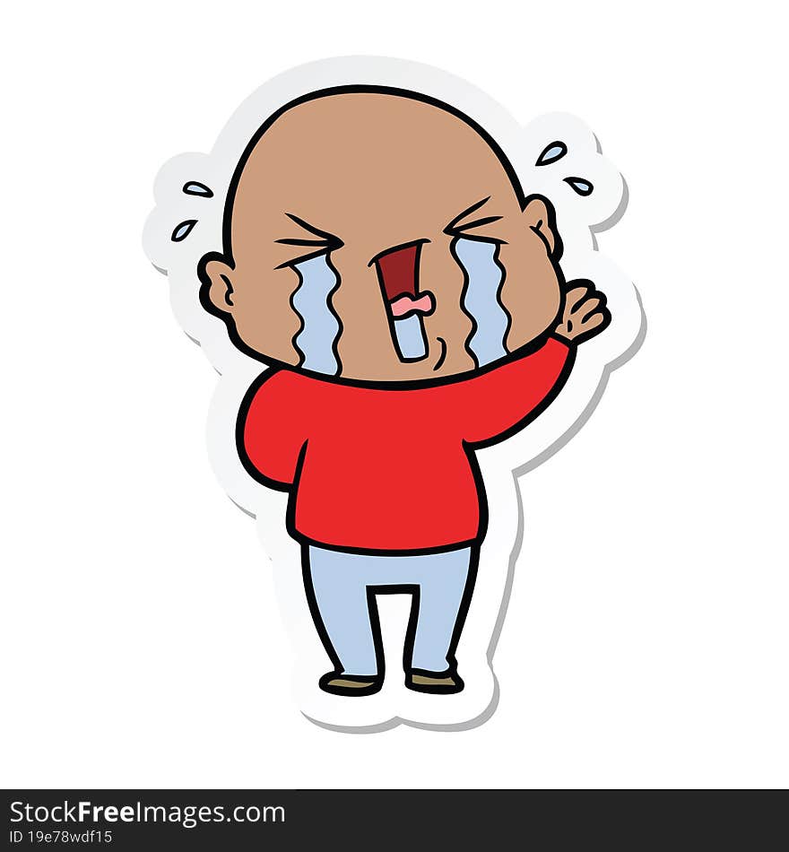 Sticker Of A Cartoon Crying Bald Man