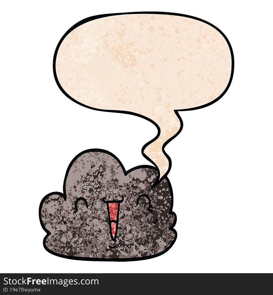 cartoon happy cloud and speech bubble in retro texture style