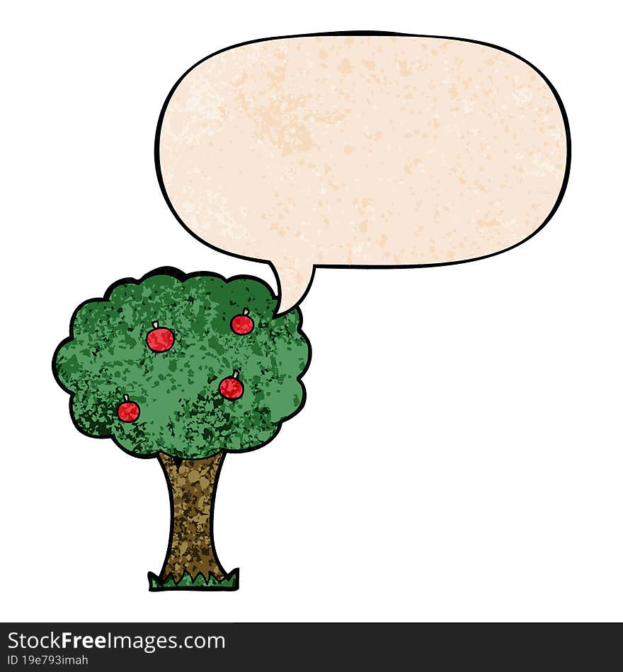 cartoon apple tree and speech bubble in retro texture style