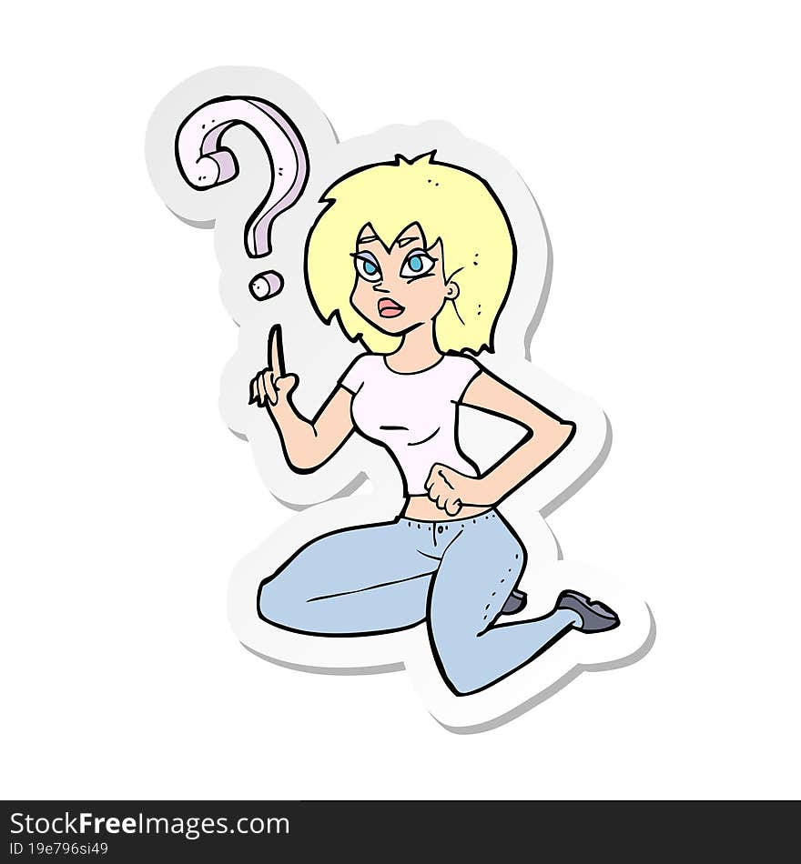 sticker of a cartoon woman asking question