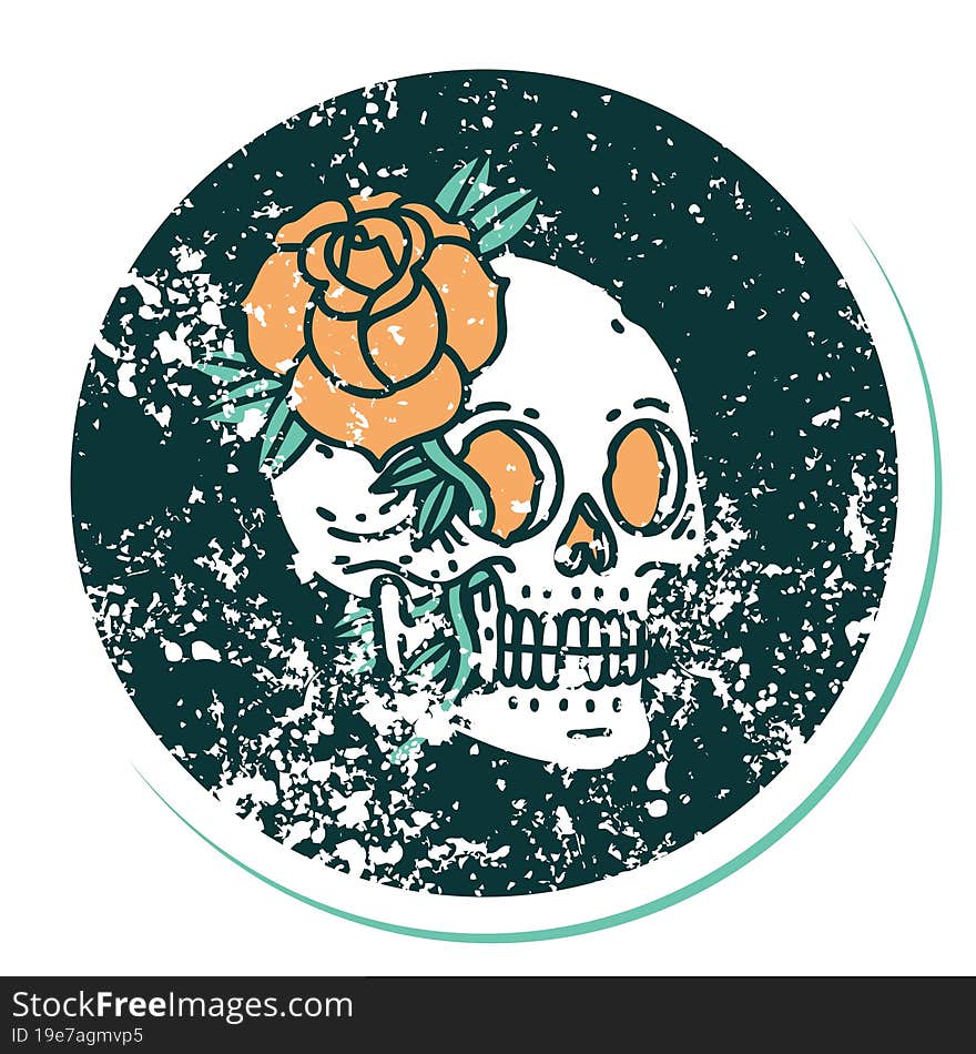 iconic distressed sticker tattoo style image of a skull and rose. iconic distressed sticker tattoo style image of a skull and rose