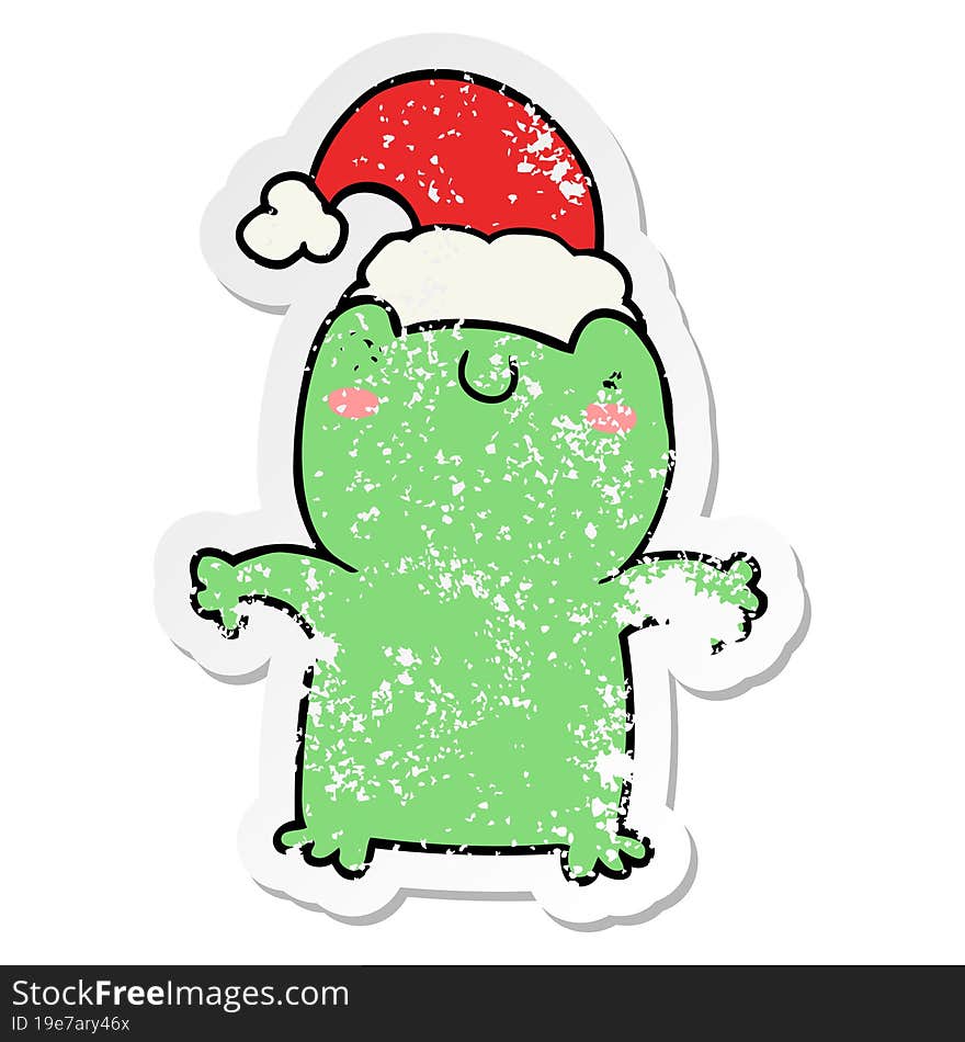 distressed sticker of a cute cartoon frog wearing christmas hat