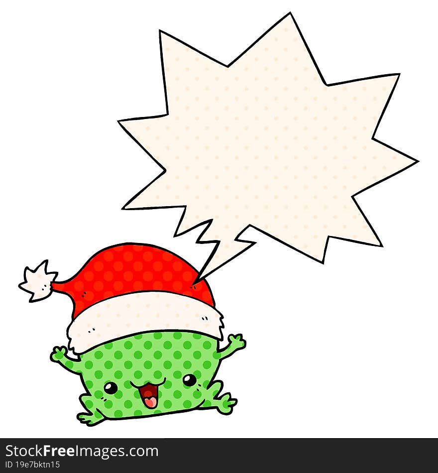 cute cartoon christmas frog with speech bubble in comic book style