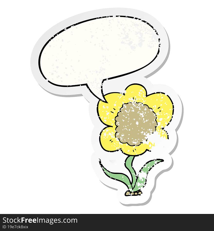 cartoon flower and speech bubble distressed sticker