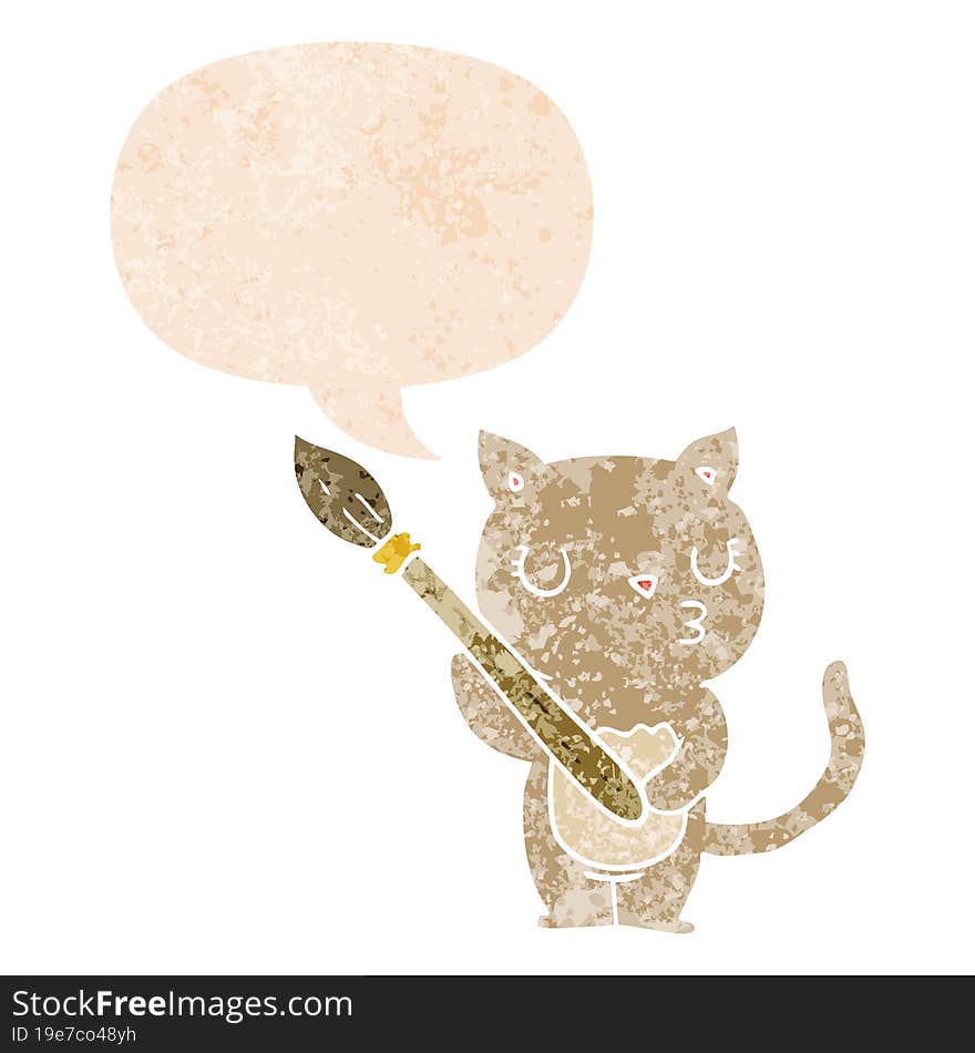 cute cartoon cat and speech bubble in retro textured style