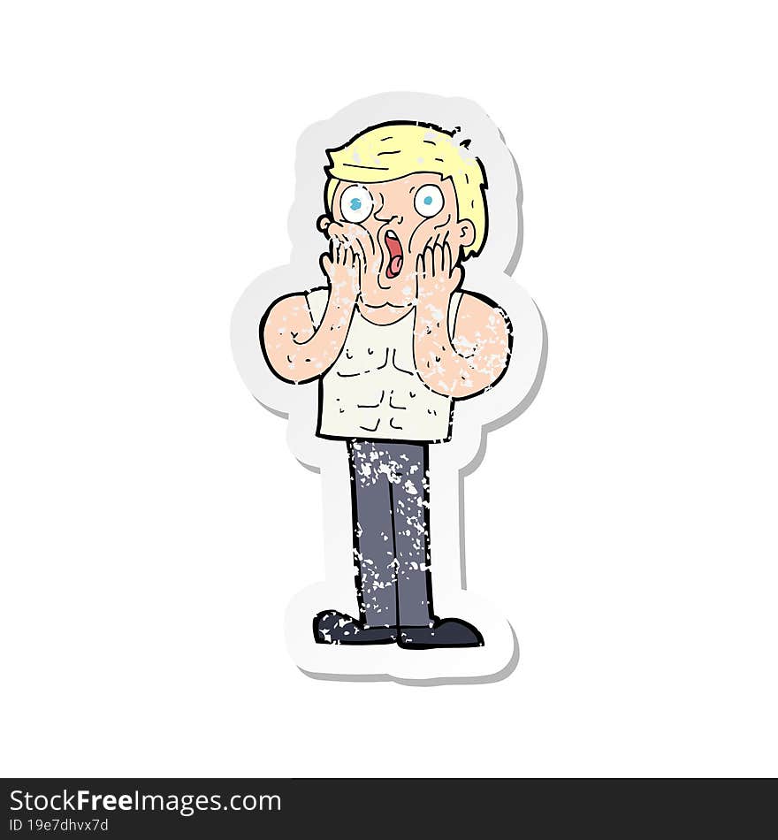 retro distressed sticker of a cartoon shocked gym man