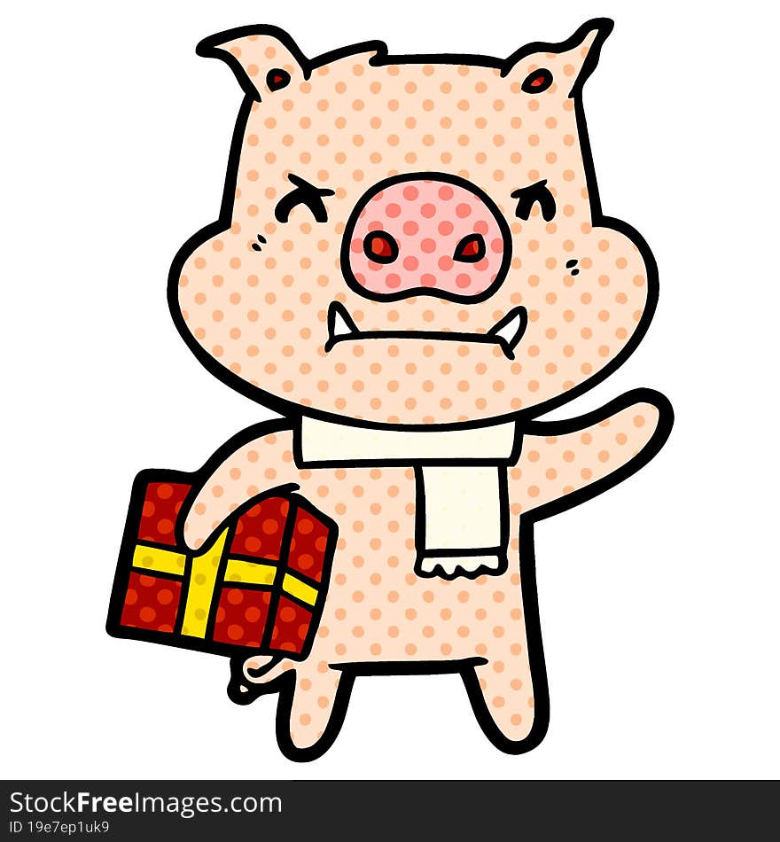 angry cartoon pig with christmas gift. angry cartoon pig with christmas gift