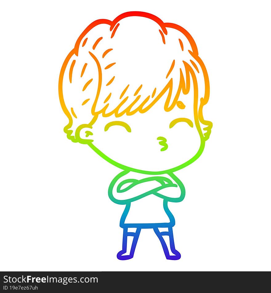 Rainbow Gradient Line Drawing Cartoon Woman Thinking