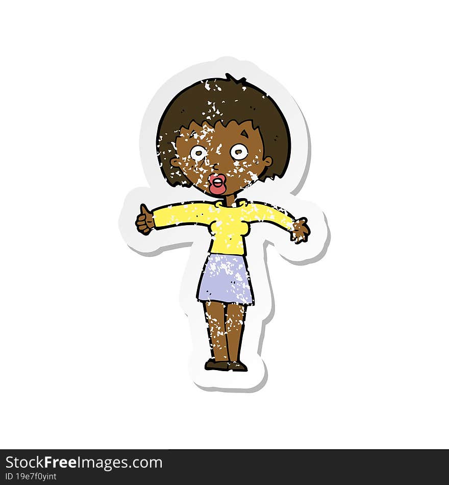 retro distressed sticker of a cartoon amazed woman