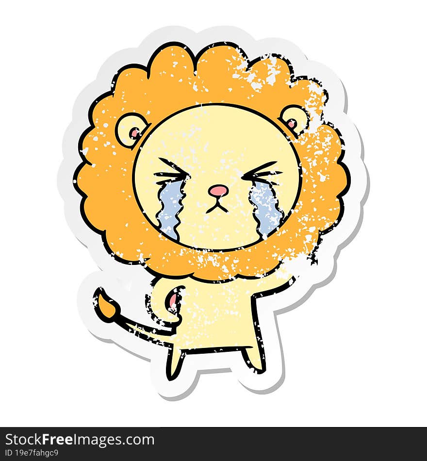 distressed sticker of a cartoon crying lion