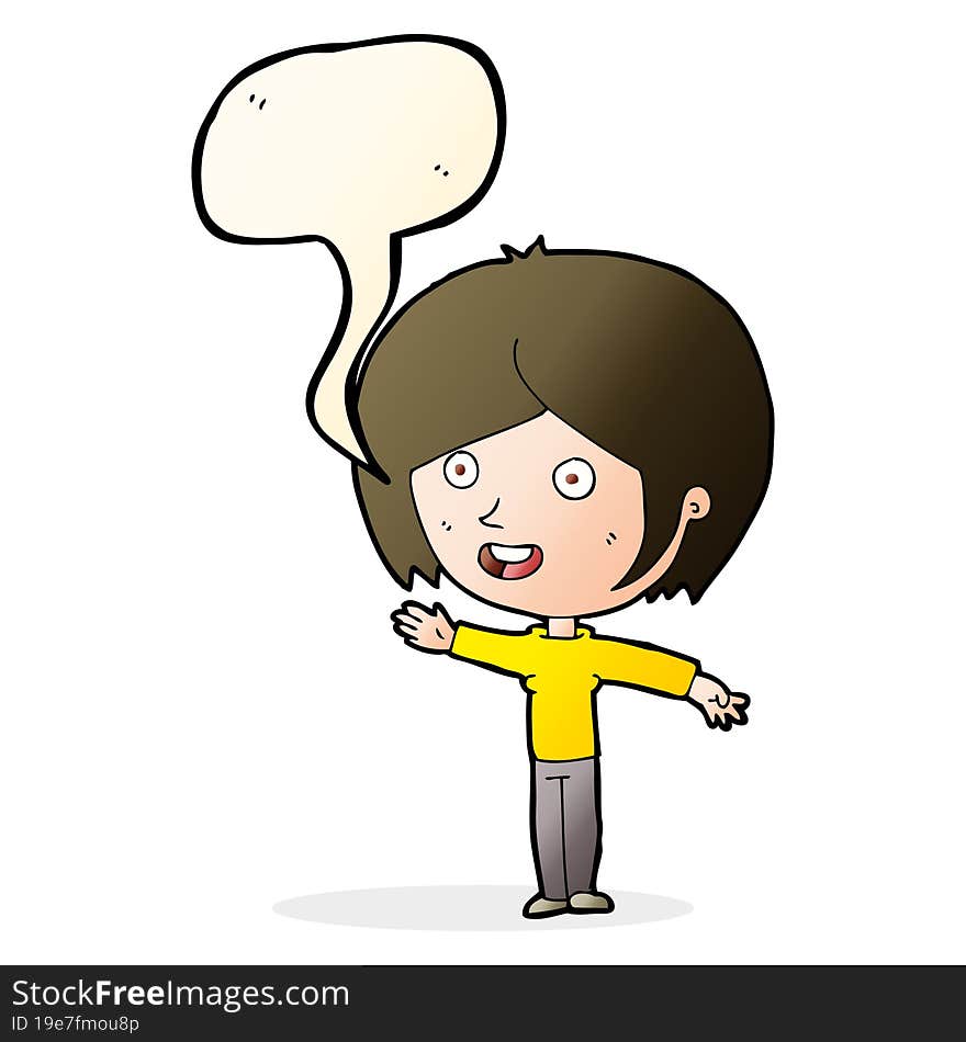 cartoon happy girl waving with speech bubble