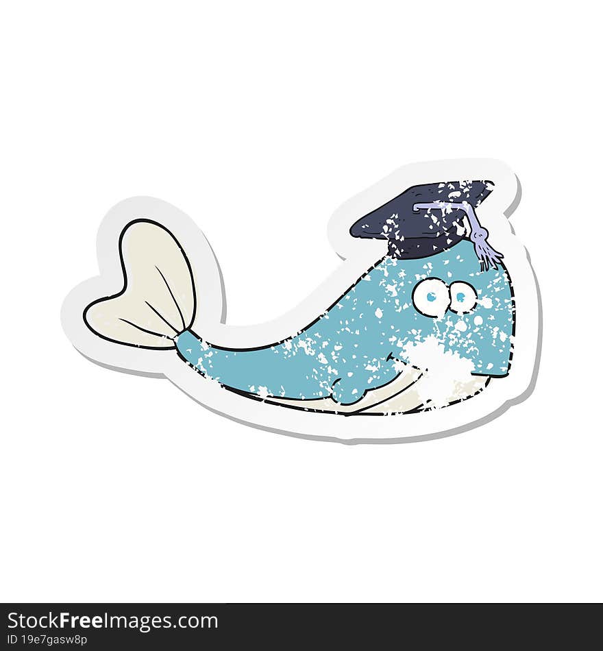 retro distressed sticker of a cartoon whale graduate