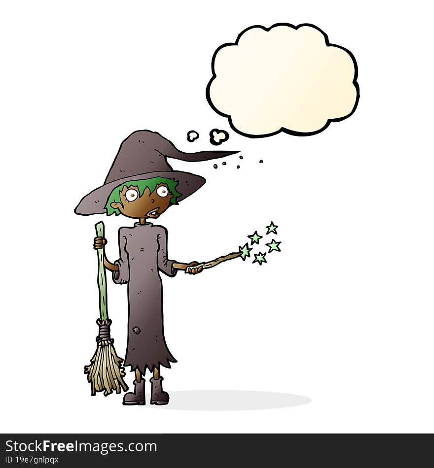 cartoon witch casting spell with thought bubble