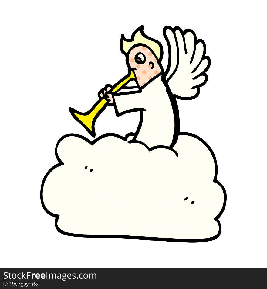 cartoon doodle angel on cloud with trumpet