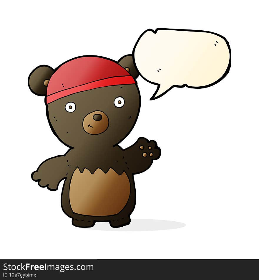 cartoon black bear wearing hat with speech bubble