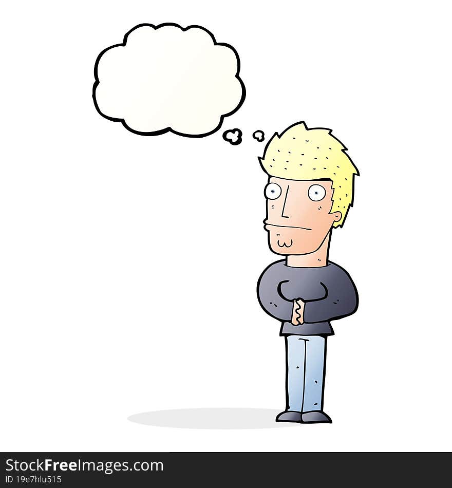 cartoon worried man with thought bubble