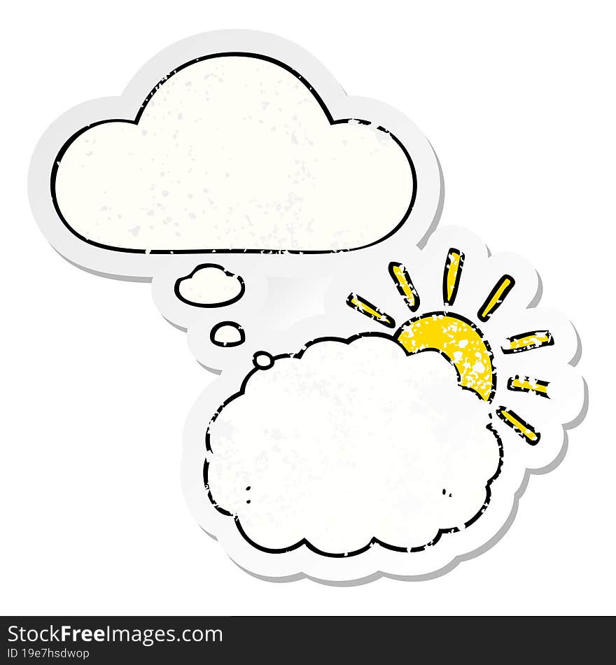 Cartoon Sun And Cloud Symbol And Thought Bubble As A Distressed Worn Sticker