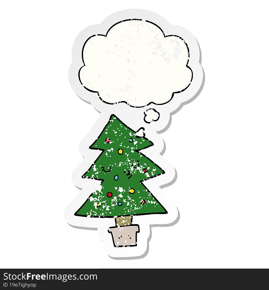 cartoon christmas tree with thought bubble as a distressed worn sticker