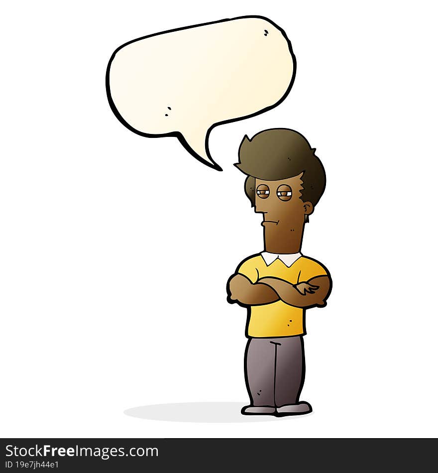 cartoon man with folded arms with speech bubble