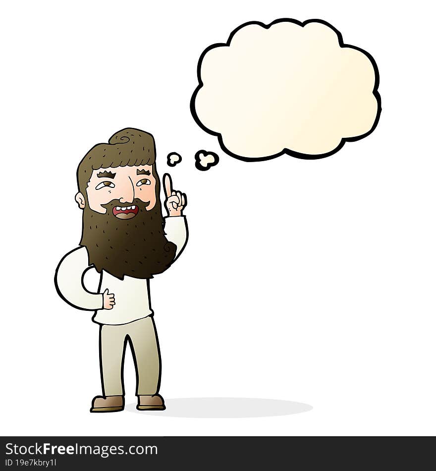 cartoon happy bearded man with idea with thought bubble