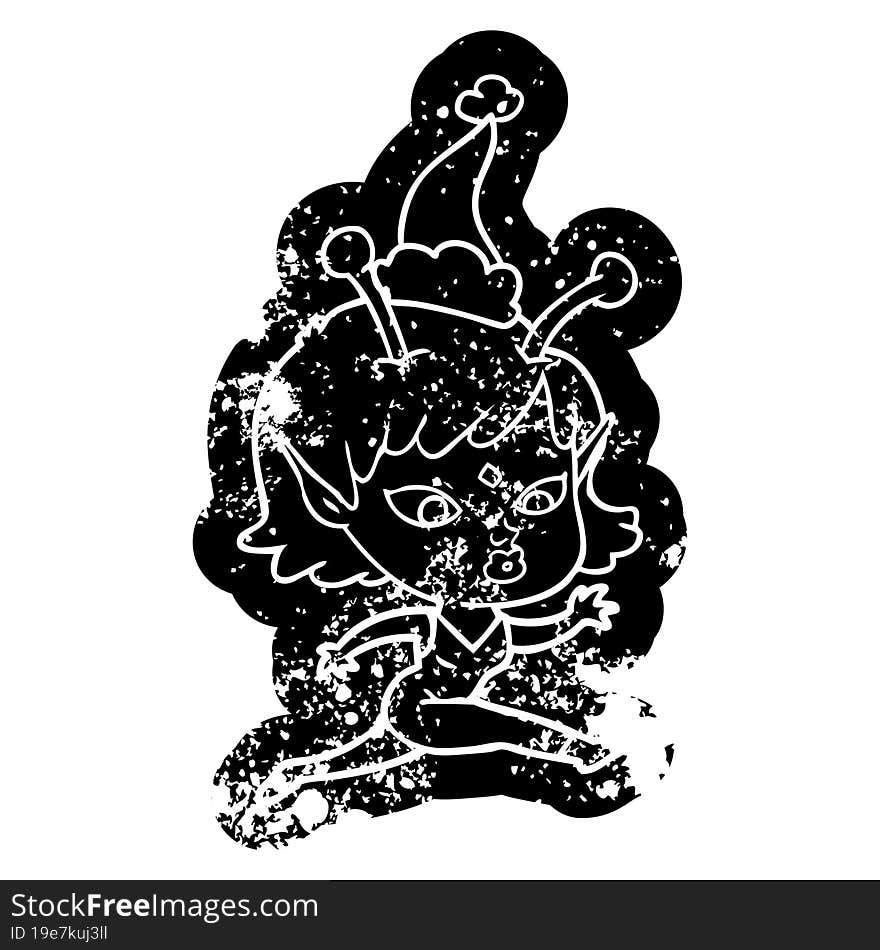 pretty cartoon distressed icon of a alien girl running wearing santa hat